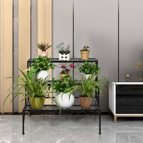 Miniatura 3 de Giantex Soporte de metal negro para plantas de 3 niveles, soportes de metal para plantas con 6-9 soportes de capacidad en maceta, estante