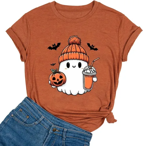 Miniatura 9 de Woffccrd - Camisetas divertidas con estampado de calabaza y leopardo para mujer, camisetas gráficas de manga corta de Halloween para mujer