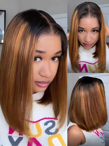 Miniatura 36 de Pelucas de cabello humano Bob de Beauty Forever, rubia con raíces marrones, parte lateral, corte recto, 7x5 encaje HD, adiós a los nudos, peluca Bob