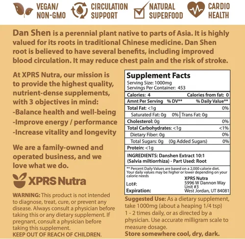 Miniatura 7 de XPRS Nutra Dan Shen Extracto de raíz en polvo 10:1 - Polvo concentrado de alta calidad Dan Shen (salvia roja) - Danshen vegano (16 onzas)