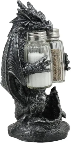 Miniatura 4 de Ebros Gift Juego de salero y pimentero gótico medieval, color negro, semimetálico, negro, estatua de 7.75 pulgadas de alto, figura de dragón