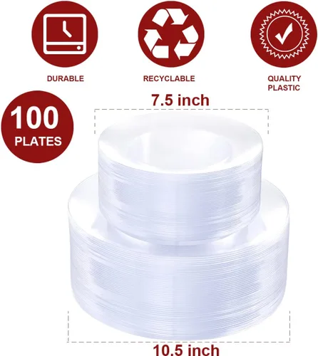 Miniatura 2 de PULOTE 100 Piezas Platos de Plástico Transparente - Platos Transparentes de Plástico Pesado Premium Desechables para Bodas y Fiestas Incluyen 50