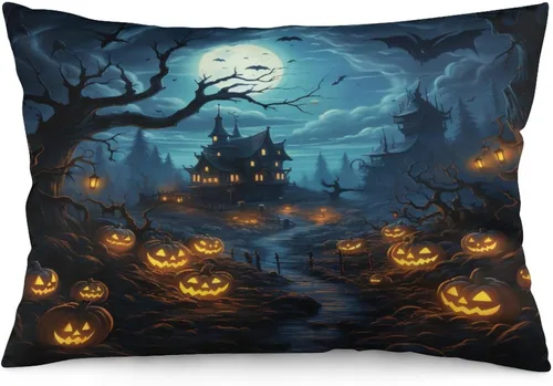 Miniatura 27 de Fundas de almohada frescas de casa embrujada, castillo, luna, bosque medieval, calabaza, fundas de almohada rectangulares con cremallera invisible