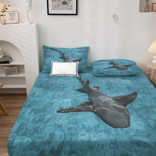 Miniatura 2 de Juego de sábanas de tiburón tamaño individual, sábanas de animales oceánicos, sábanas y fundas de almohada estampadas de 3 piezas, sábana bajera