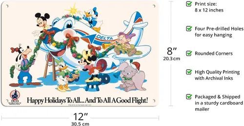 Miniatura 2 de Mickey Mouse y personajes de Disney – Happy Holidays to All – Delta Air Lines (aerolínea oficial de Disney World) – Póster vintage de viaje c.1960s
