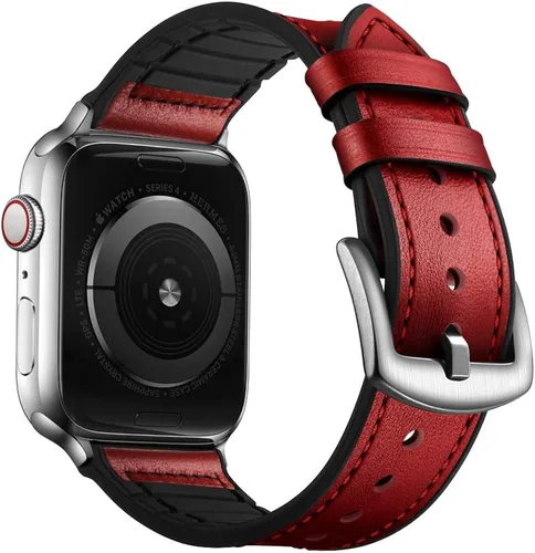 Miniatura 15 de OUHENG Correas de cuero compatibles con Apple Watch de 42mm 41mm 40mm 38mm, correa híbrida de cuero genuino y goma para iWatch Series 11 10 9 8 7 6