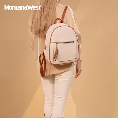 Miniatura 2 de Montana West Mochila mediana para mujer, mochila antirrobo con cremallera segura y borla, Mochila Beige y Marrón, Mochilas de viaje
