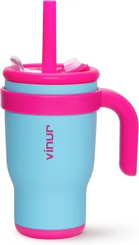 Miniatura 11 de VINUR Vaso para niños con asa - 14 oz de acero inoxidable con aislamiento al vacío de doble pared con tapa y pajita, vaso de agua de viaje
