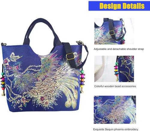 Miniatura 6 de Bolsos de hombro vintage para mujer, bolsos de mano, bolso de viaje para mujer con lentejuelas brillantes bordadas fénix