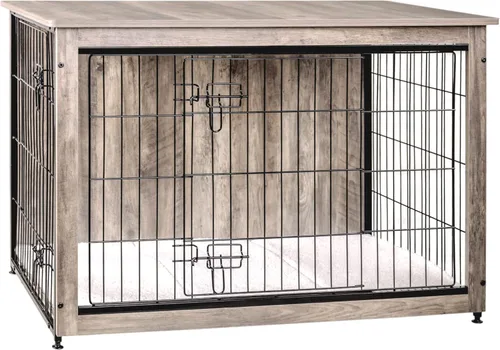 Miniatura 40 de DWANTON Mueble de jaula para perros con cojín, mesa de madera para perros con puertas dobles, casa de perro de interior, tamaño pequeño, mediano