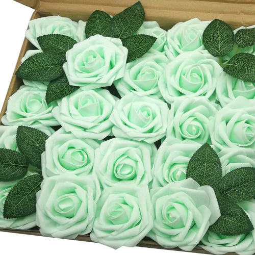 50 rosas artificiales de aspecto real verde menta con tallo para ramos de boda, centros de mesa, fiestas, baby shower, decoración del hogar