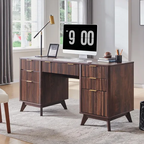 Miniatura 12 de T4TREAM Fluted Executive Desk with Drawers, 60" Modern Home Office Computer Desk with Charging Station, File Cabinet, Keyboard Tray and Storage