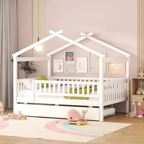 Miniatura 2 de Cama de casa con nido y valla, camas de tamaño matrimonial estilo Montessori con barandillas, marco de cama de madera para niños, niñas, niños