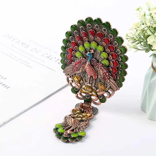 Miniatura 4 de Nerien Espejo de mano vintage, espejo de maquillaje de tocador, espejo de mano antiguo plegable de pavo real de viaje, espejo de mano portátil