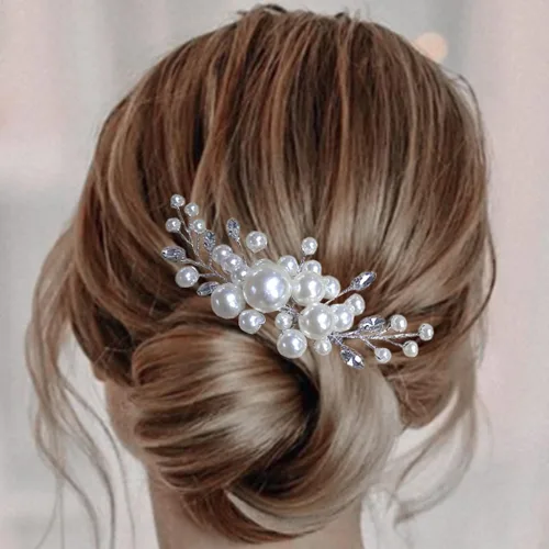 Evild Accesorios para el cabello de perlas Peine de pelo de novia de boda Piezas de pelo nupcial para mujeres (plata)