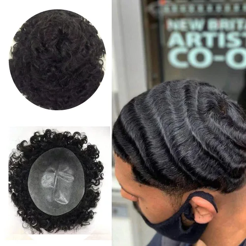 Miniatura 16 de Unidades de cabello afro para hombre, tupé, meave, afro tupé para hombre, sistema de reemplazo de cabello humano rizado, postizo de 0.787 in, 1#