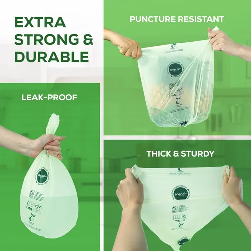 Miniatura 5 de (Incluye 10 bolsas adicionales) ANECO - Bolsas de basura 100% compostables de 2.6 galones, bolsas de compost pequeñas de cocina extra gruesas
