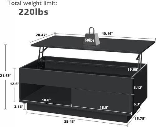 Miniatura 7 de HOMMPA - Mesa de café con tapa elevable de 40" con almacenamiento, mesa de centro LED moderna de alto brillo para sala de estar, mesa de té moderna
