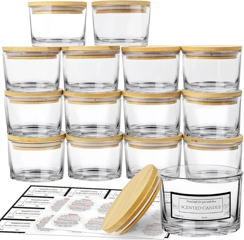 Miniatura 13 de CONNOO Paquete de 15 tarros de vela de vidrio ámbar dorado de 4 onzas con tapas herméticas de bambú para hacer velas, recipientes vacíos de boca Oro