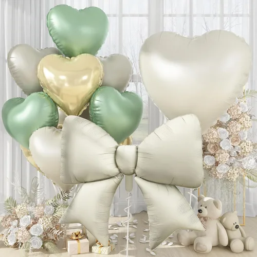 Miniatura 21 de Globos de Corazón Beige Neutro de 30", Globos de Papel de Aluminio con Lazo Grande, 10 Piezas de Globos Gigantes de Lazo Crema de 38" con Juego