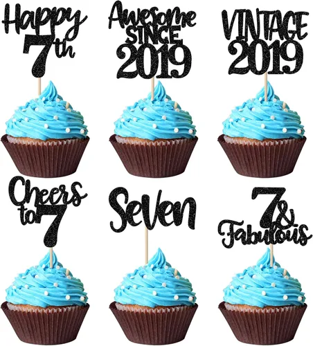 Miniatura 19 de Rsstarxi Paquete de 24 adornos para cupcakes vintage 2019 con purpurina negra para 5º cumpleaños, saludos a 5, cinco, 5, 5 fabulosos para cupcakes