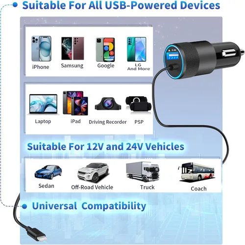 Miniatura 7 de 【Certificado MFi】Cargador rápido para iPhone de 4.8 A, cargador de coche USB dual Caiinei de 4.8 A, carga rápida, cable Lightning integrado de 6
