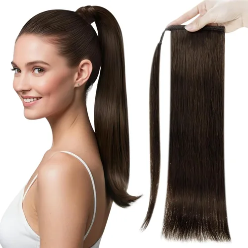 Miniatura 23 de Full Shine - Extensión de cola de caballo con clip, color marrón oscuro con mechas rubio miel, extensión de cabello humano real para mujeres, 14