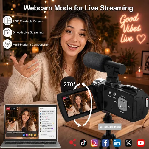 Miniatura 6 de Cámara de video 4K 48MP Vlogging para YouTube con zoom digital de 18 aumentos, pantalla LCD de 3.0" con rotación de 270°, cámara grabadora