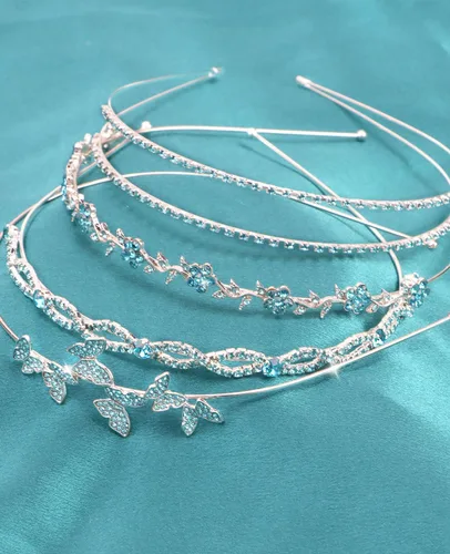 Miniatura 6 de Wecoe Paquete de 4 tocados nupciales de diamantes de imitación azul claro – Diademas de metal con hojas de mariposa de cristal para mujeres, niñas