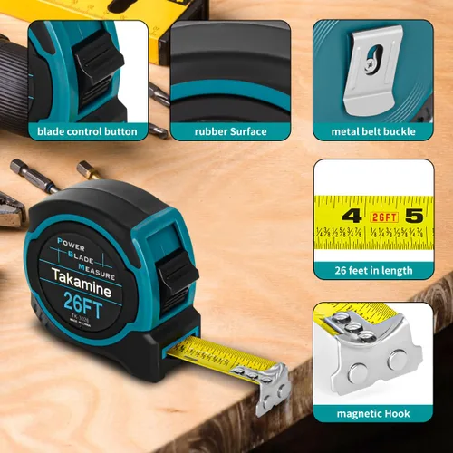 Miniatura 2 de Takamine Cinta métrica profesional de 26 pies, 1/8 fracción cinta métrica retráctil fácil de leer, con gancho magnético, bloqueo manual, carcasa