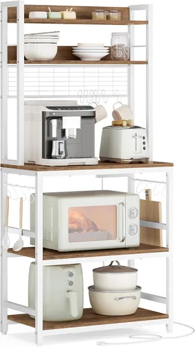 Miniatura 13 de VASAGLE Estante de panadería con toma de corriente, soporte para microondas, estante de almacenamiento alto de cocina, con panel de alambre