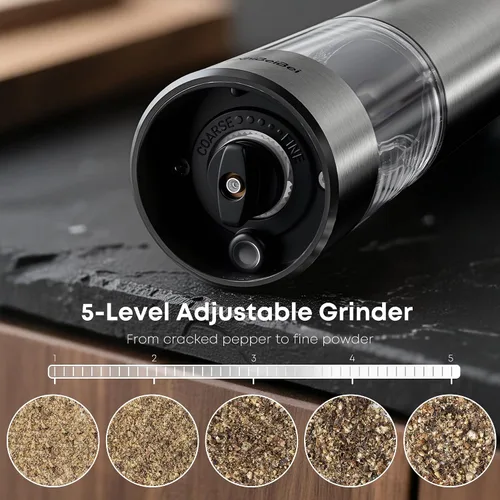 Miniatura 4 de Molinillo eléctrico de sal y pimienta con una sola mano, grosor ajustable, rebabas de cerámica con cuerpo de acero inoxidable, molinos de pimienta