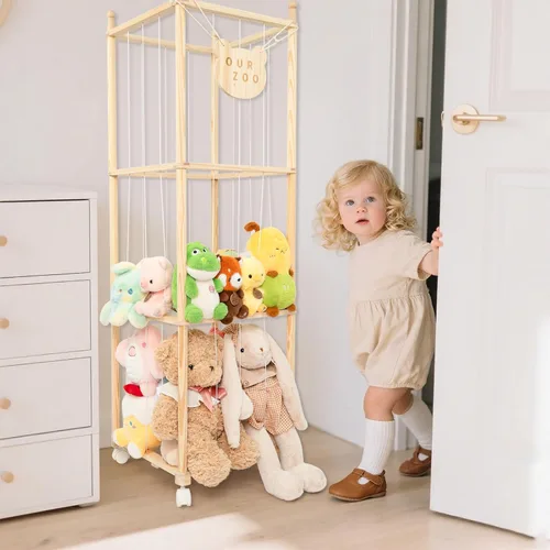 Miniatura 7 de Organizador de zoológico de almacenamiento de animales de peluche, soporte alto de torre de madera para juguetes de peluche grandes, exhibición