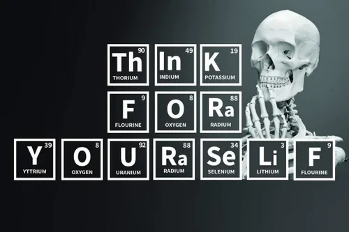 Piensa por ti mismo elementos de tabla periódica y partículas subatómicas motivacional educativo inspiratoinal cartel 12 pulgadas por 18 pulgadas