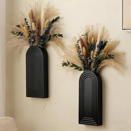 Miniatura 6 de Juego de 2 jarrones de pared de madera con eucalipto de hierba de las pampas, decoración de pared moderna de estilo bohemio para sala de estar
