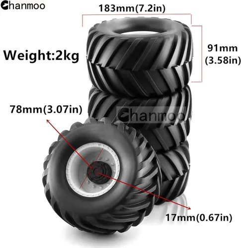 Miniatura 2 de Neumáticos de camión Monster 1/8 RC y ruedas hexagonales de 0.669 in, llantas de goma para buggy para camiones todoterreno a escala 1:8, Kaiju Tmaxx