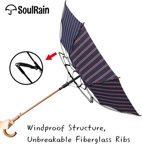 Miniatura 5 de SoulRain Paraguas clásico con mango de madera de 48 pulgadas, apertura automática, resistente al viento, transparente, irrompible, paraguas