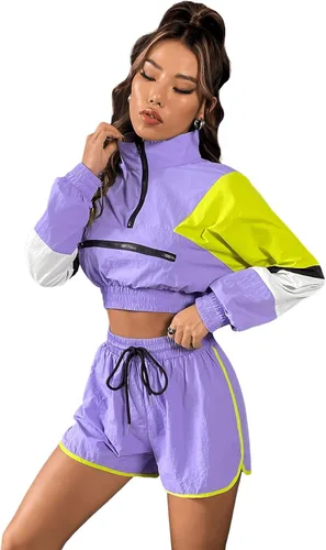 Miniatura 4 de SweatyRocks Conjunto de sudadera corta de 2 piezas con media cremallera y cordón para mujer