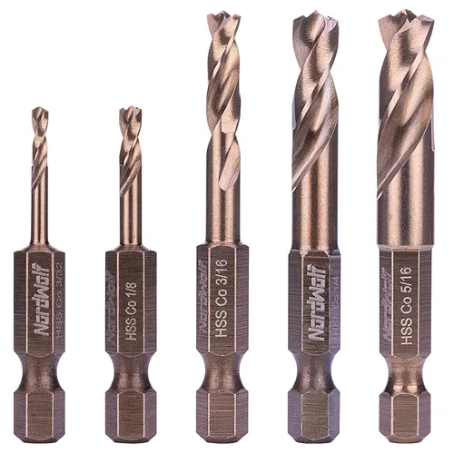 NordWolf Juego de 5 brocas cortas de cobalto M35 para acero inoxidable y metales duros, con vástago hexagonal de 1/4" para mandriles rápidos y