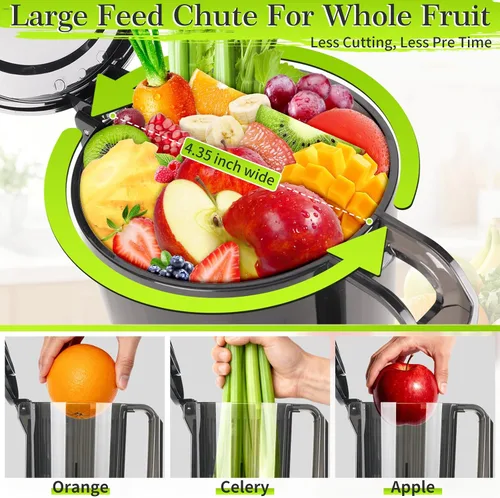 Miniatura 3 de Zeng Exprimidoras de prensado en frío – Silencioso y potente 60 RPM exprimidores de masticación lenta con canal de alimentación grande, máquinas