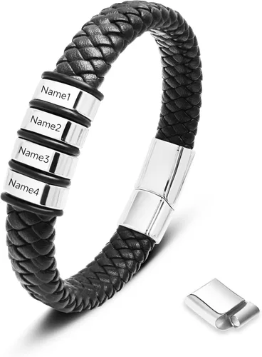 Miniatura 20 de Pulsera personalizada para hombre con cuentas de nombre personalizadas, pulsera de cuero trenzado personalizada grabada con 2-6 nombres