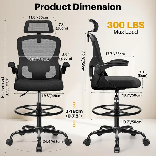 Miniatura 3 de Silla de dibujo, silla de oficina alta para escritorio de pie, respaldo alto ergonómico con reposacabezas, soporte lumbar, anillo para el pie y Negro