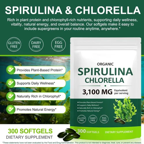 Miniatura 2 de Tiuedu Espirulina Chlorella Softgels 300 cápsulas, 17 en 1 mezcla de nutrientes verdes, cápsulas blandas de espirulina Chlorella, ricas en proteínas