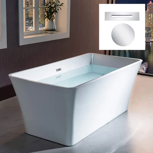 Miniatura 15 de WOODBRIDGE Bañera de acrílico independiente de 67 pulgadas, bañera blanca de remojo contemporáneo con desbordamiento y drenaje de oro cepillado