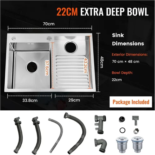 Miniatura 7 de Fregadero de lavandería de acero inoxidable con tabla de lavado integrada, bañera para lavar a mano con panel grueso, fregadero de lavandería