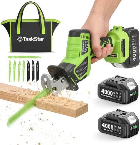 TaskStar Sierra recíproca inalámbrica 21V: sierra recíproca con una sola mano con motor sin escobillas de 0-3500 RPM, 2 baterías de 4.0 Ah, 8