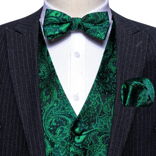 Miniatura 11 de Barry.Wang Conjunto de chaleco de pajarita para hombre, chaleco con cuello en V de seda jacquard de cachemira, gemelos de pañuelo formal/ocio, boda