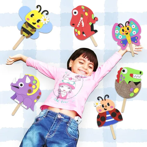 Miniatura 6 de VKPI Haz 6 marionetas de palillos para niños, manualidades de espuma, juguetes de tiempo de cuentos para niños mayores de 4 años, dinosaurios