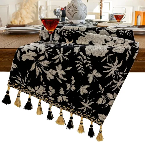 Camino de mesa botánico floral para sala de estar, camino de mesa de comedor de flores jacquard con borlas, moderno, decorativo, elegante, natural,
