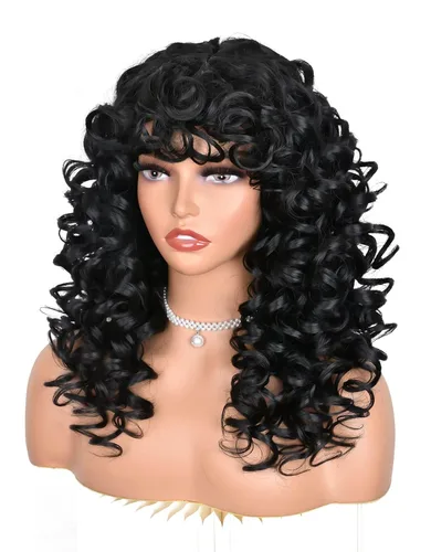 Miniatura 4 de ANNISOUL Pelucas rizadas negras para mujeres negras, peluca afro rizada larga con flequillo para mujeres, fibra sintética sin pegamento, pelo Negro